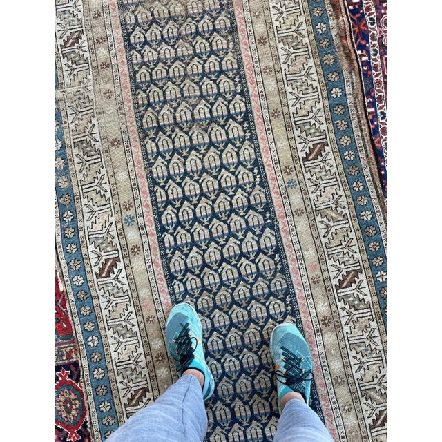 1930s Caucasian Runner in Blue, Beige, Camel, Honey with Blush 3.4 x 8.4 For Sale - Image 5 of 13