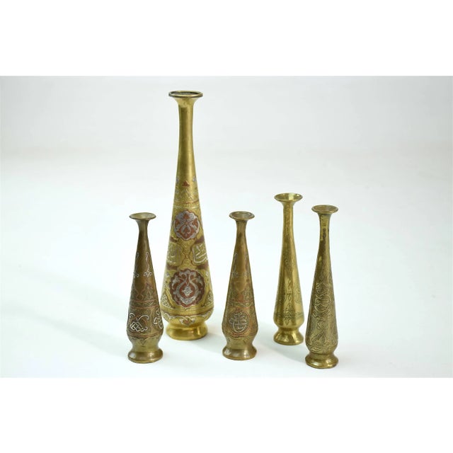 Set of Five Tall Engraved Brass Vases, Middle East, Early 20th Century For Sale - Image 12 of 13