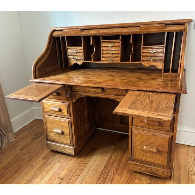 Wood Mid 20th Century Arts & Crafts Raised Panel Oak S Roll Top Desk on Casters For Sale - Image 7 of 12