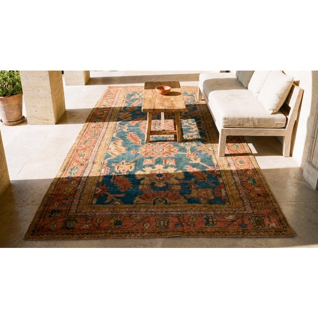 Beautiful Light Blue Background Tribal Large Scale Pattern Small Antique Turkish Oushak Rug For Sale - Image 9 of 9
