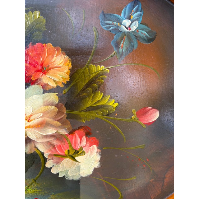 Vintage Oval Wood Floral Tole Painted Tray For Sale - Image 9 of 17
