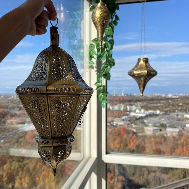 Handcrafted Moroccan Brass Lantern – Pierced Candle Light, Marrakech Artisan Decor, Boho Exotic Lighting For Sale - Image 9 of 10