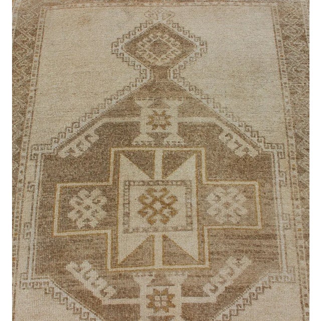Brown Vintage Hand Knotted Oushak Gallery Runner With Three Medallion Design in Taupe, Light Brown For Sale - Image 8 of 12