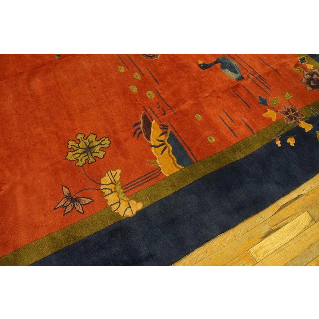 Textile 1920s Red Rustic Swan Floral Antique Chinese Art Deco Carpet 9' X 11'10" Knotted Wool Rug For Sale - Image 7 of 12
