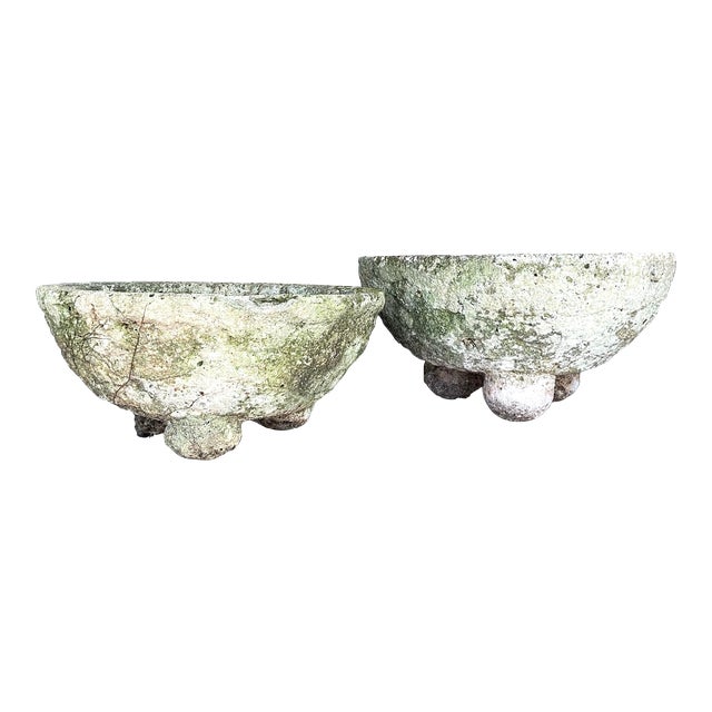 Vintage Boho Cast Concrete Bowl Planters - Set of 2 For Sale