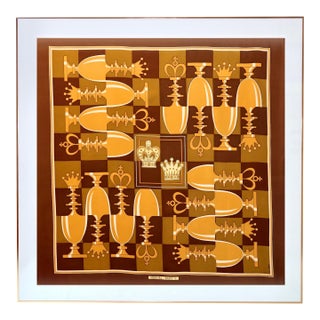 Framed Hermès Silk Scarf "Échiquier" by Pierre Péron, 1975 - Orange Gold Frame For Sale