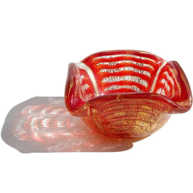 Beautiful vintage Murano hand blown gold flecks with red spider web design Italian art glass bowl. Documented to designer...