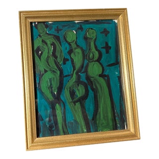Vintage Oil Abstract Expressionist Figurative Art Green Nude Painting For Sale