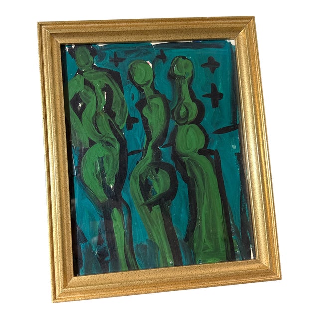Vintage Oil Abstract Expressionist Figurative Art Green Nude Painting For Sale