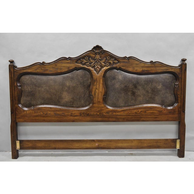 Vintage French Country Provincial Oak Wood Upholstered Panel King Bed Headboard For Sale - Image 12 of 12