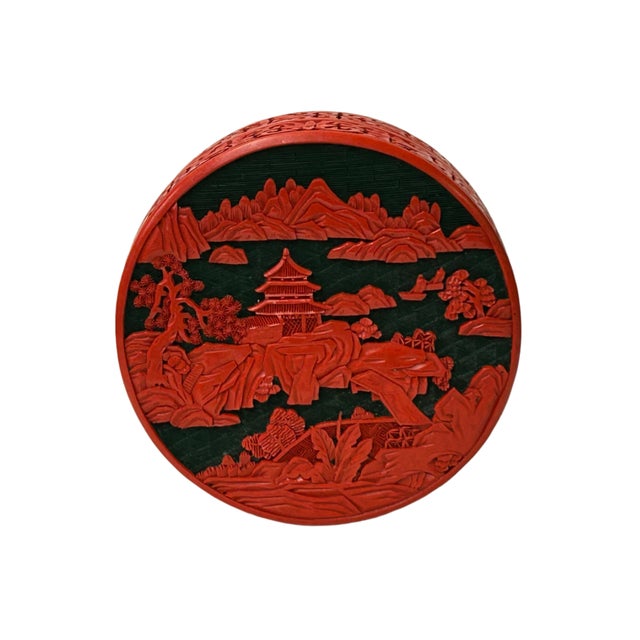 Brick Red Oriental Asian Black Red Lacquer Round Relief Scenery Accent Box For Sale - Image 8 of 11