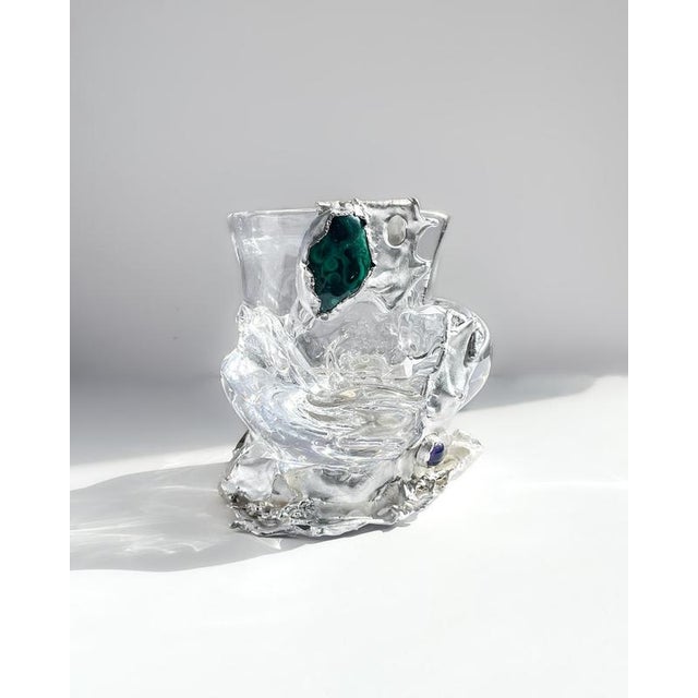 Unique Bowl #11 in Crystal and Silver with Gemstones by Szkło Studio. One of a Kind. Dimensions: W 15 x D 14 x H 18 cm....