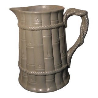 Mid 19th Century English Victorian Staffordshire Pale Green Drabware Bamboo/Rope Relief Motif Pitcher For Sale
