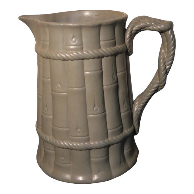 Mid 19th Century English Victorian Staffordshire Pale Green Drabware Bamboo/Rope Relief Motif Pitcher For Sale