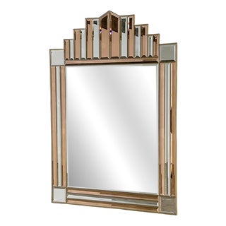 Art Deco Style Peach and Clear Bevelled Mirror with Brass Frame, 1980s For Sale