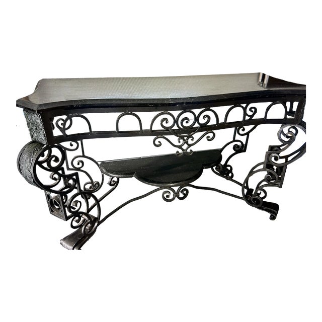 1980s French Scrolled Wrought Iron Console With Marble Top For Sale