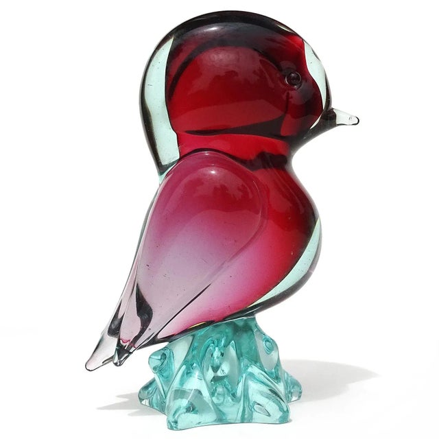 Murano Murano Seguso Vintage Sommerso Red Light Blue Italian Art Glass Bird Figure Sculpture on Base For Sale - Image 4 of 8