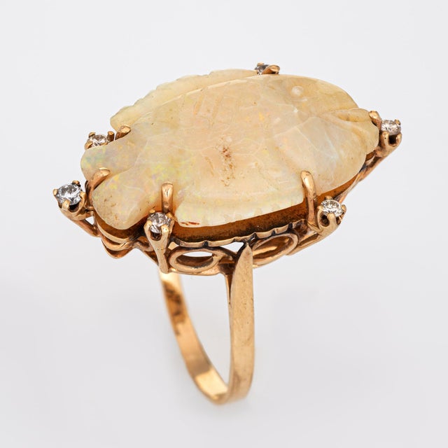 1970s Vintage Carved Opal Fish Ring Diamond 14k Yellow Gold Size 11 Estate Fine Jewelry For Sale In Los Angeles - Image 6 of 7