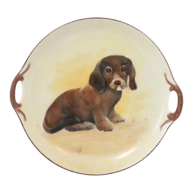 Vintage Hand-Painted Dachshund Porcelain Handled Tray – Signed C. 1940s For Sale