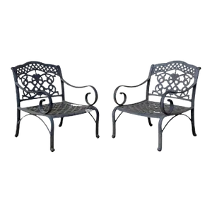 Early 21st Century Cast Aluminum Mediterranean Tuscan Scrolling Garden Patio Club Chairs - a Pair