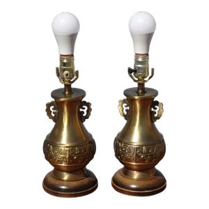 Pair of Vintage Mid Century Metal Table Lamps Lights W Lamp Shades