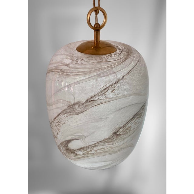 Italian Handblown Faux Alabaster Glass Pendant Light With Brass Chain & Fittings – 9" X 11" Glass Shade For Sale - Image 10 of 16