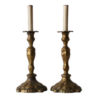 Vintage Mid-Century Hollywood Regency French Louis XV Style Brass Candlestick Electric Table Lamps -A Pair For Sale