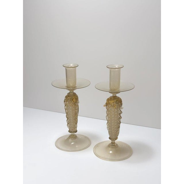 1980s Opaline and Gold Polveri Murano Glass Candlesticks from Gabbiani, Italy, 1980s, Set of 2 For Sale - Image 5 of 10