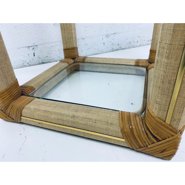 Tan Rattan and Raffia Pedestal Table With Glass Inserts For Sale - Image 8 of 13