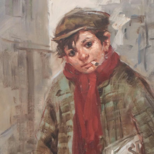 1970s City Newsboy in Winter Oil on Canvas Framed For Sale - Image 5 of 15