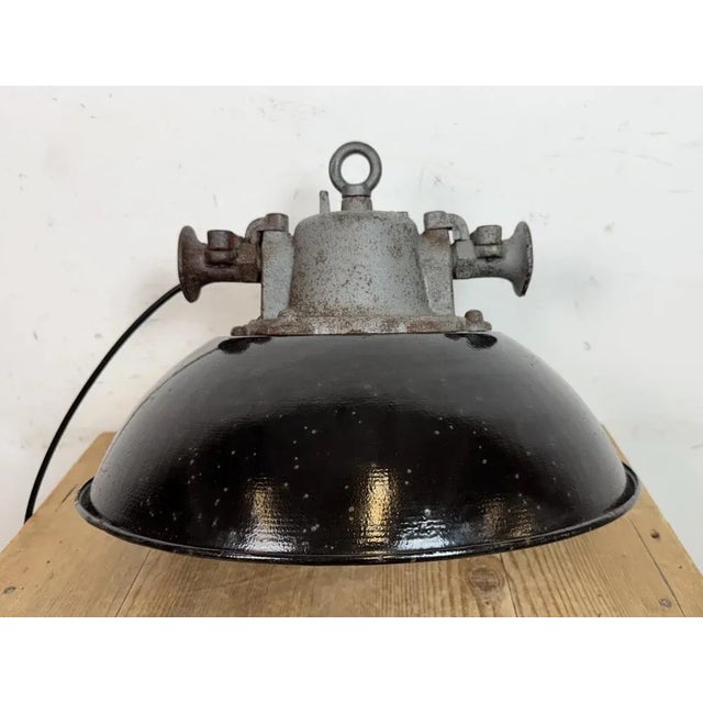 Industrial Black Enamel and Cast Iron Cage Pendant Light from Elektrosvit, 1960s For Sale - Image 11 of 17