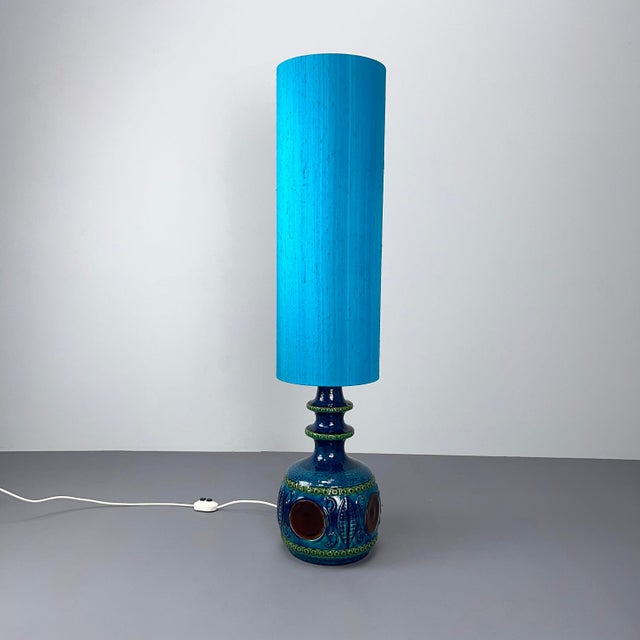 Blue Ceramic Floor Lamp from Bay Keramik with Blue Silk Shade, West Germany, 1960s For Sale - Image 9 of 15