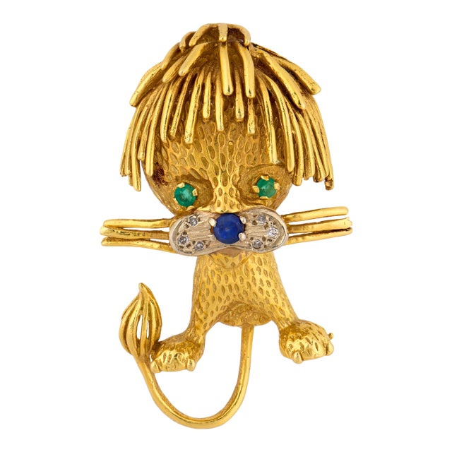 Vintage Gemstone 18k Gold Lion Brooch For Sale