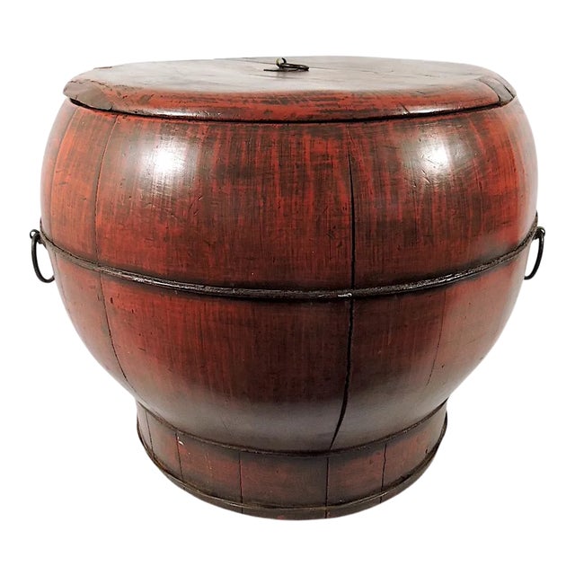 Large Antique Chinese Round Elm Wood Banded Rustic Storage Box / Container With Antiquities Seal For Sale