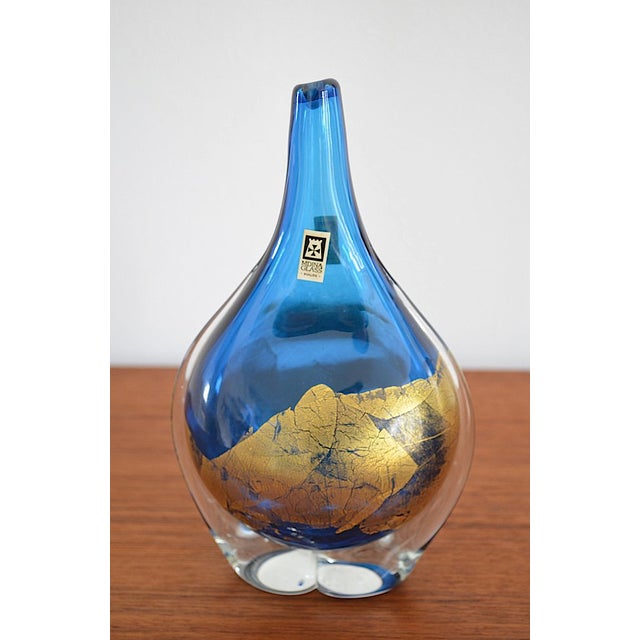 Beautiful Malta glass by Michael Harris for Mdina Glass, 1970s - Clear glass overlaid with blue and gold leaf - Marked on...