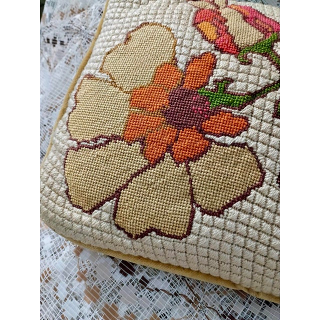 Vintage Handmade Needlepoint Pillow Wool Back to Velvet Floral For Sale - Image 12 of 12