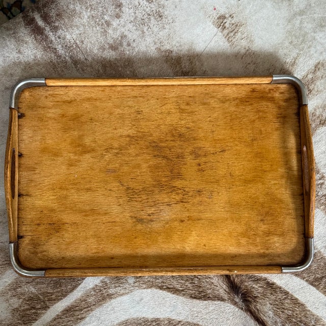 Mid-Century Wood and Chrome Serving Tray Measures approx: 12D x 18.5L x 2H Please visit my other listings for more curated...
