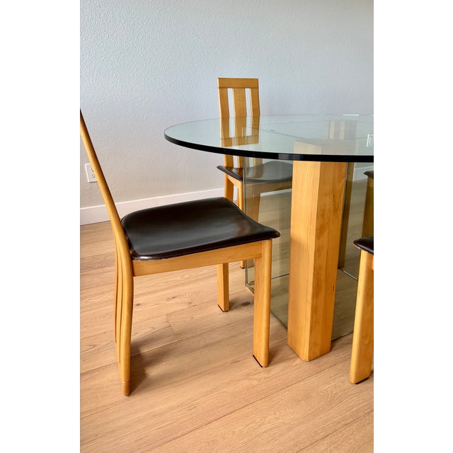 1980s Vintage Italian Glass Table With a Set of 4 Wood and Brown Leather Chairs in the Style of Pietro Costantini For Sale - Image 18 of 18