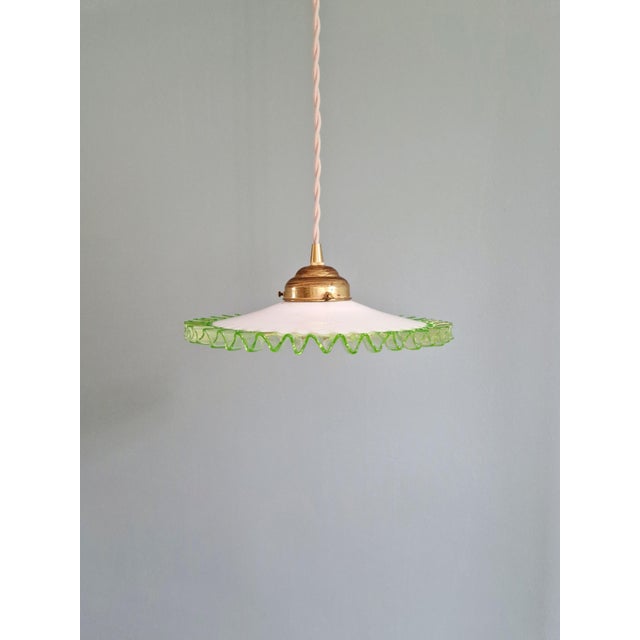 Art Deco Pendant Light in White Opaline Glass and Uranium Glass, France, 1920s For Sale - Image 4 of 12