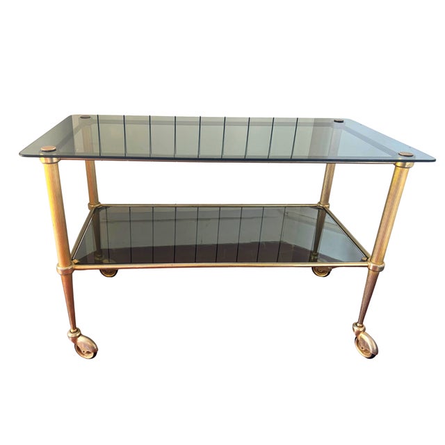 Vintage Hollywood Regency Brass and Smoked Glass Bar Cart on Castors, 1960 For Sale - Image 6 of 6