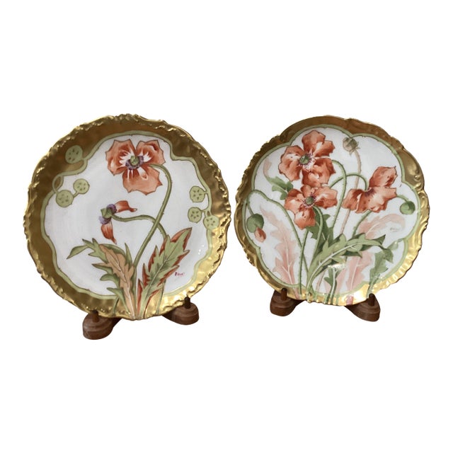 Antique French Pair of Elite Limoges Floral Art Porcelain Plates Artist Signed and Stamped For Sale