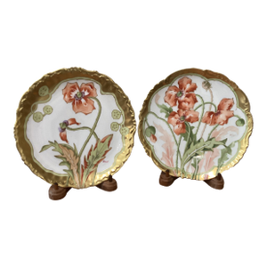 Antique French Pair of Elite Limoges Floral Art Porcelain Plates Artist Signed and Stamped