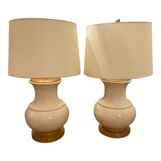 Pair of Visual Comfort Ceramic Crackle Lamps With Shades For Sale