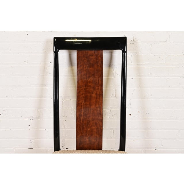 1970s Drexel Heritage Mid-Century Modern Hollywood Regency Black Lacquer and Walnut High Back Dining Chairs, Pair For Sale - Image 5 of 11