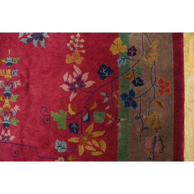 1920s Ruby Red Floral Vase Antique Chinese Art Deco Knotted Wool Rug 9' X 11'9" For Sale - Image 9 of 10