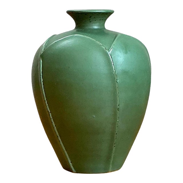 Vintage Geometric Green Ceramic Vase For Sale