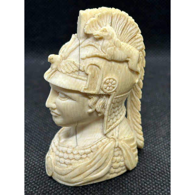 Grand Tour Antique Late 18th C. Grand Tour Carved Bone Bust of Minerva, Neoclassical Athena Sculpture, Roman Goddess of War Miniature, European Cabinet Curio For Sale - Image 3 of 14