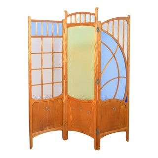 Art Nouveau Screen in Wood and Polychrome Glass For Sale