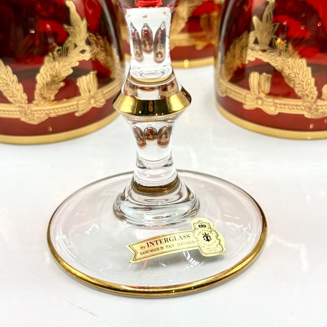 Vintage Italian Ruby Red Crystal Wine Goblets with 24k Gold Neoclassical Garlands by Interglass, 1980s, Set of 6 For Sale - Image 17 of 18