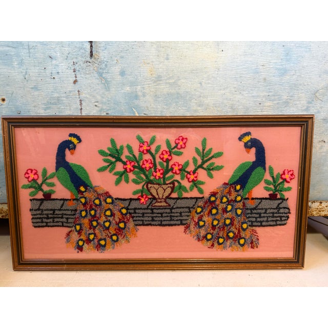 Vintage Hand-Stitched Peacock Pair in Front of Pink Flowers - Loop Embroidery Framed Under Glass For Sale - Image 4 of 11